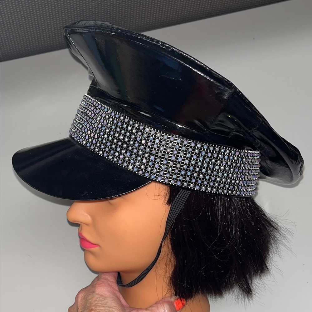 Leg Avenue Shiny faux leather Black Cap with Rhinestone Band & chin strap - Picture 2 of 9